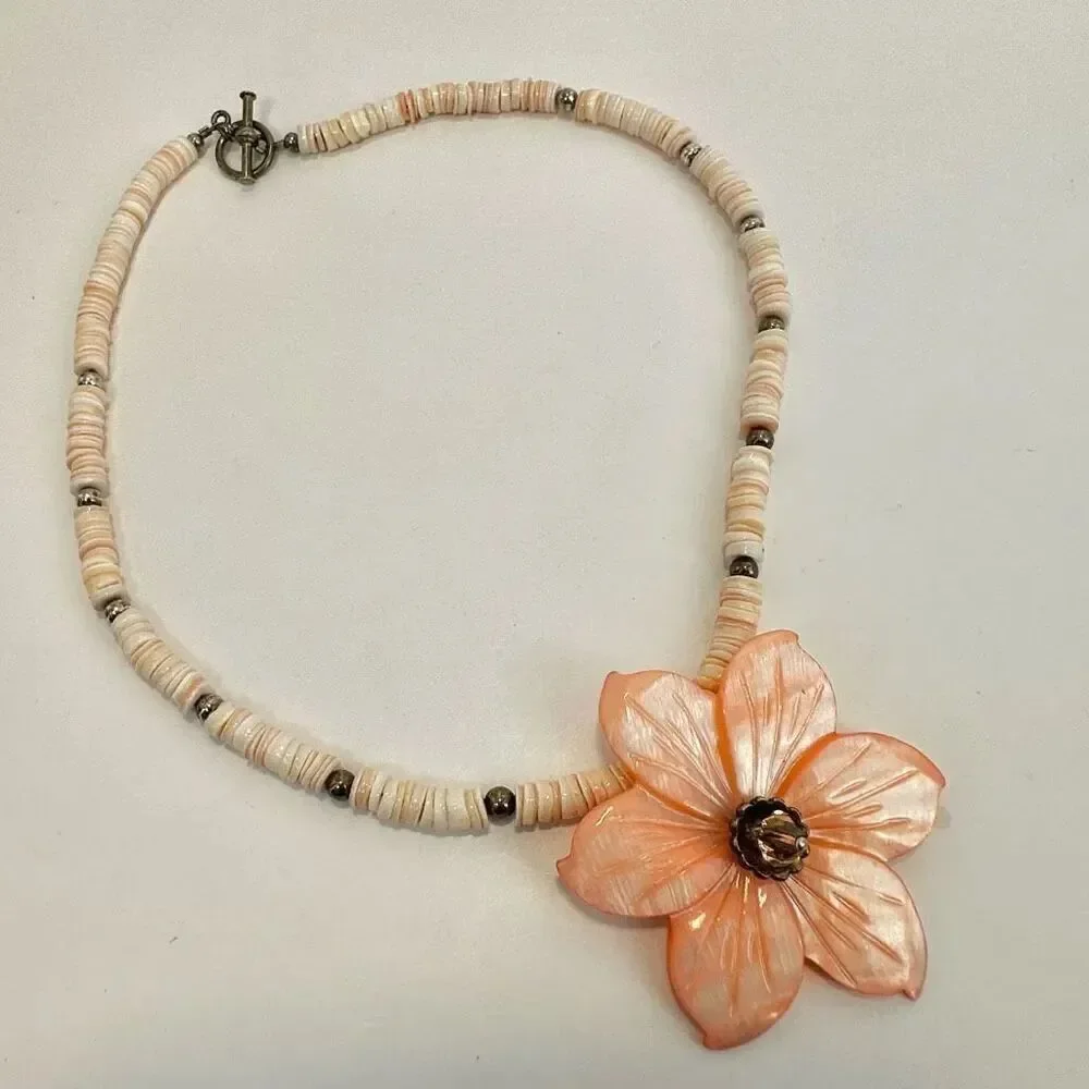 Sterling silver pink abalone flower beaded necklace